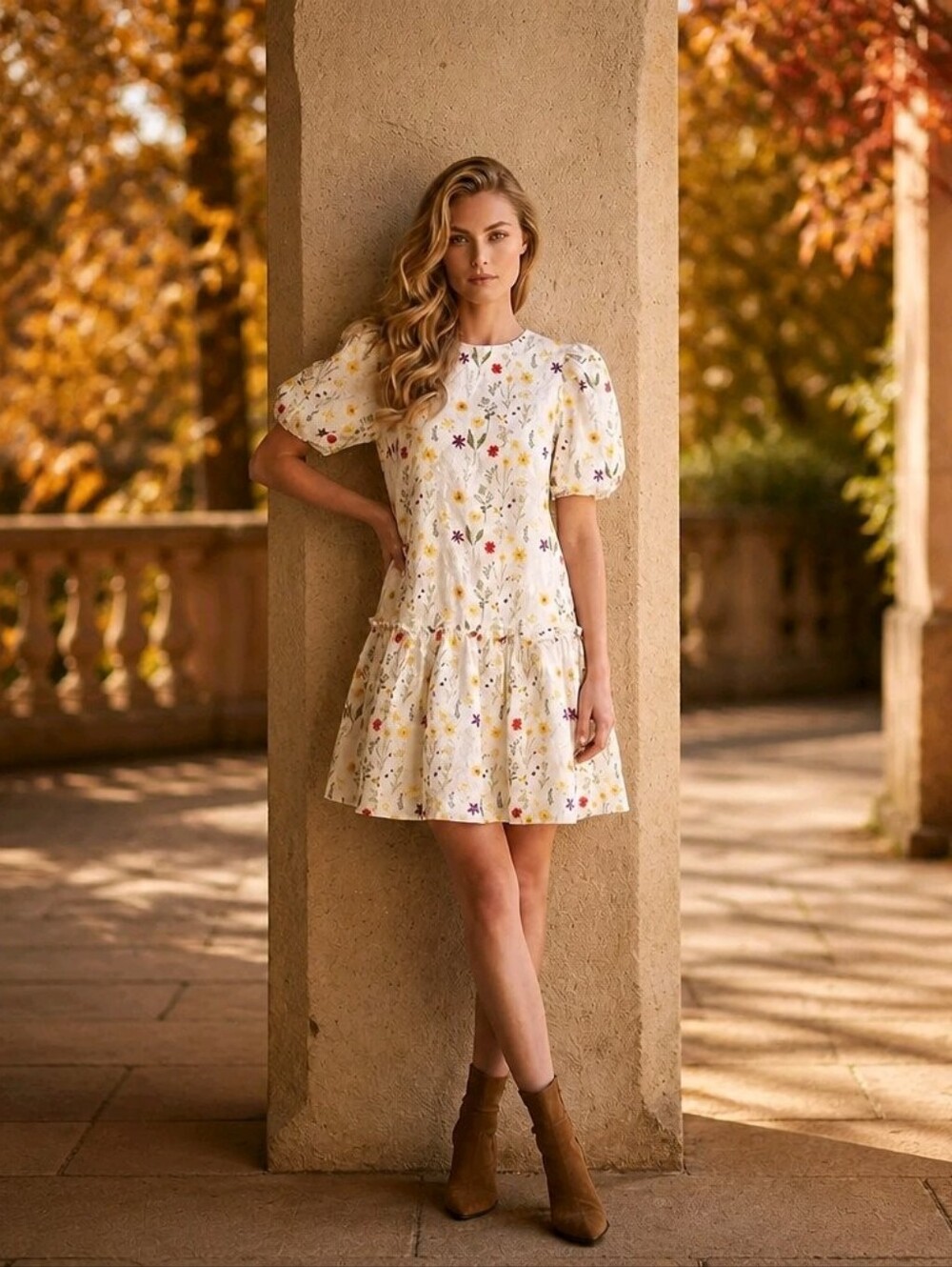 En Saison Floral Embroidered Puff-Sleeve Mini Dress - White